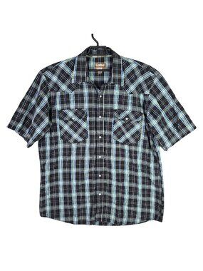 Mens Cowboy Legend Western Black Blue Plaid Snap Button Shirt Short Sleeve 3XLT
